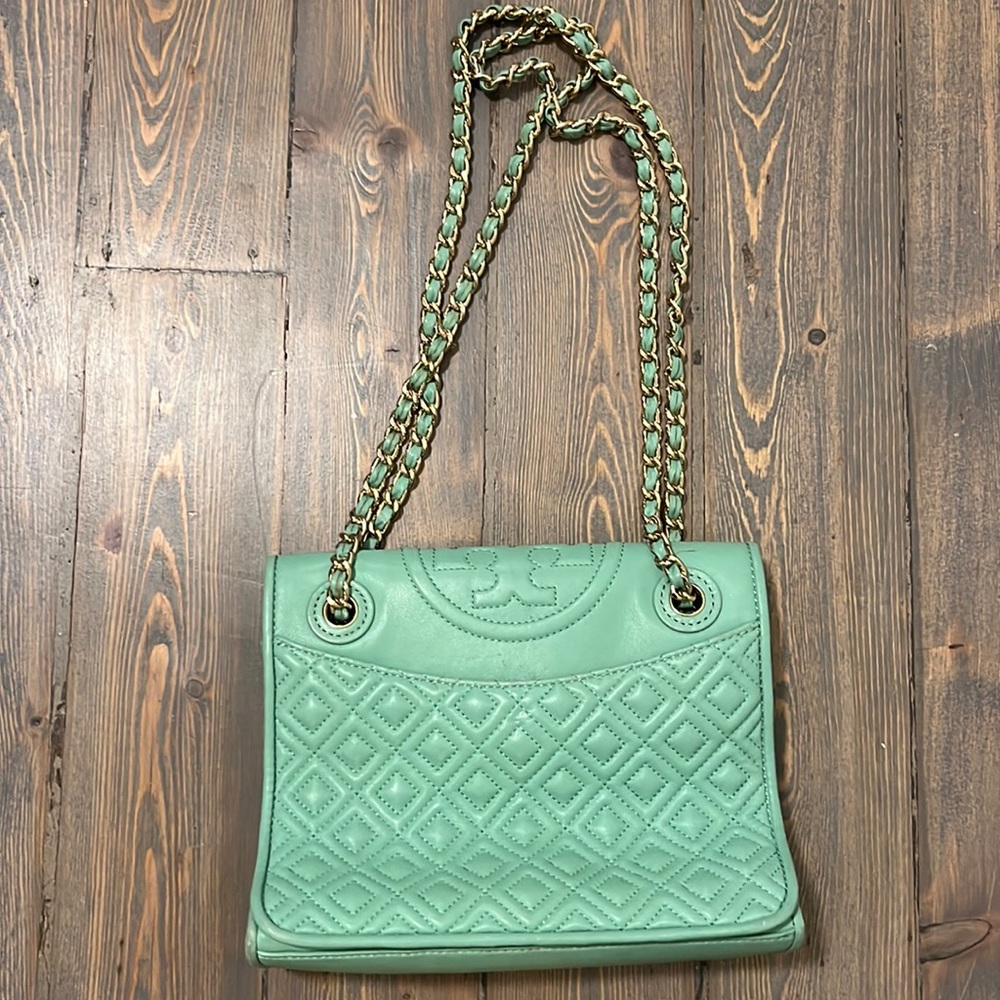 Tory Burch Mint Green Leather Medium Fleming Shoulder Bag